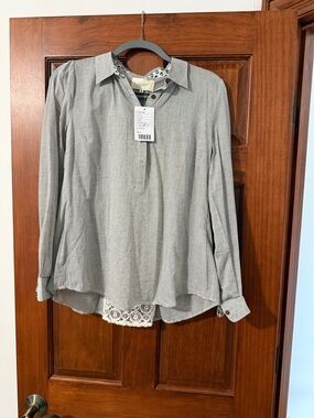 Women's Gray Button-Down Shirt with Lace Hem